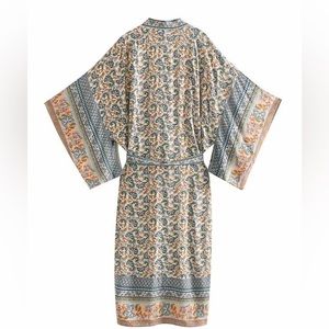 Floral Purple Chiffon Batwing Sleeve Beach Kimono With Belt Dress Cover-Up